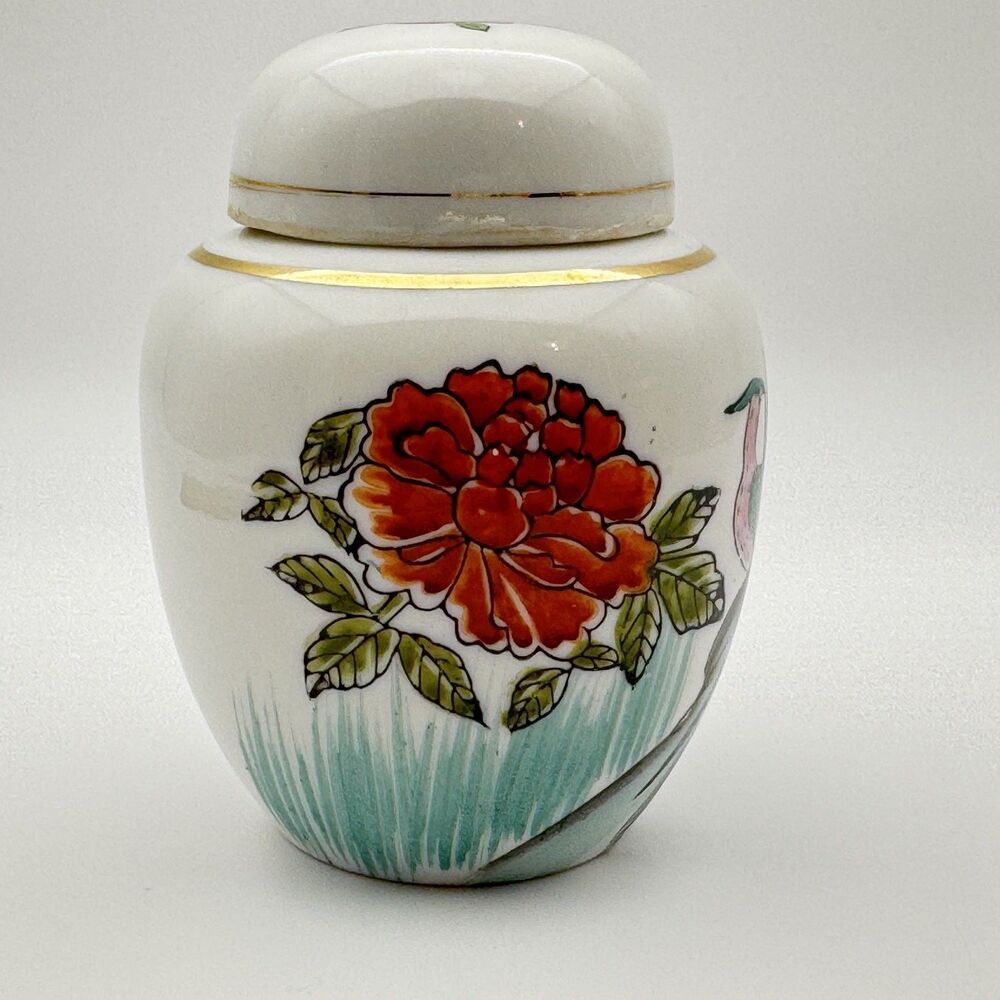 Heygill Japan Imports Porcelain Floral Crane Lid Ginger Jar Gold Trim 4.5in